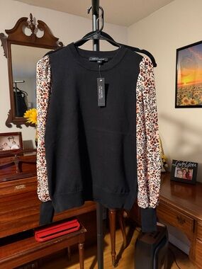 Zac & Rachel Black Sweater with Leopard-Print Puff Sleeves